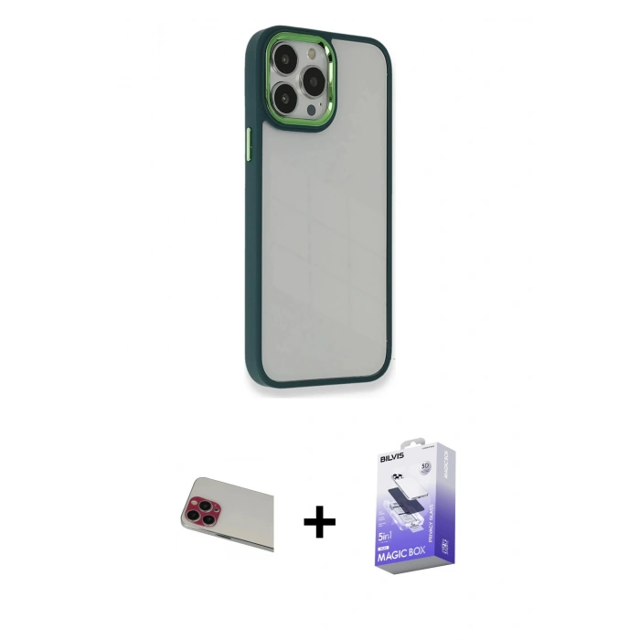 MARSİLYAN™- iPhone 13 Pro Max Kılıf Eksen Doku Prime - Siyah Bilvis 5in1 5D Magic Hayalet Cam Ekran Koruyucu + Rainbow Kamera Lens Koruma Cam - KI