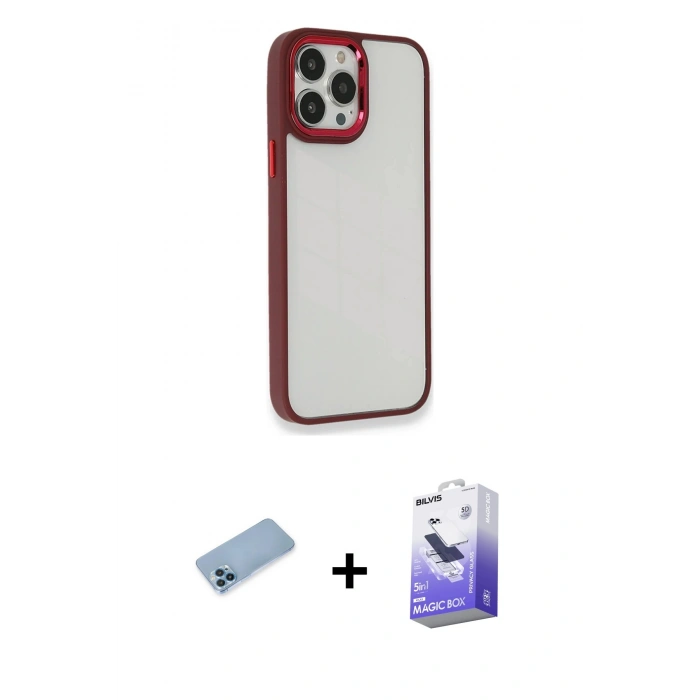 MARSİLYAN™- iPhone 13 Pro Max Kılıf Eksen Doku Prime - Siyah Bilvis 5in1 5D Magic Hayalet Cam Ekran Koruyucu + Shine Kamera Lens Koruma Cam - MI