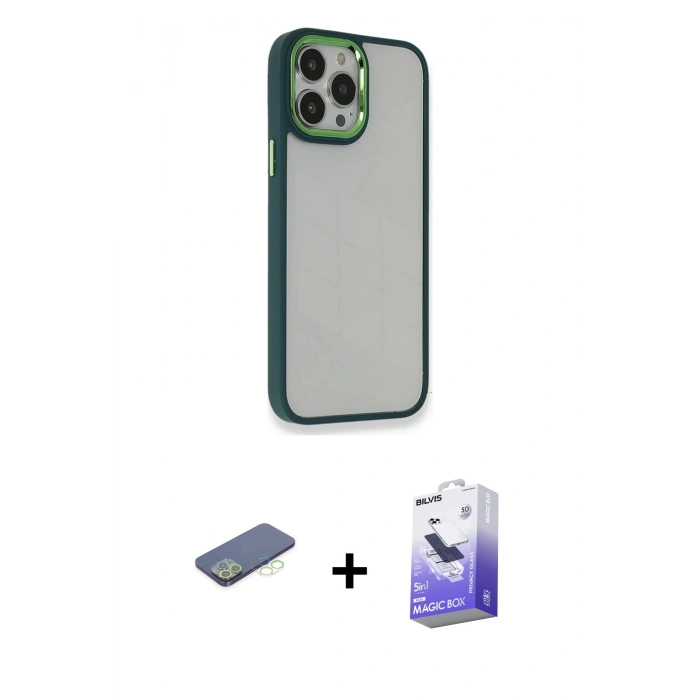 MARSİLYAN™- iPhone 13 Pro Max Kılıf Eksen Doku Prime - Siyah Bilvis 5in1 5D Magic Hayalet Cam Ekran Koruyucu + Renkli Kamera Lens Koruma Cam - YL
