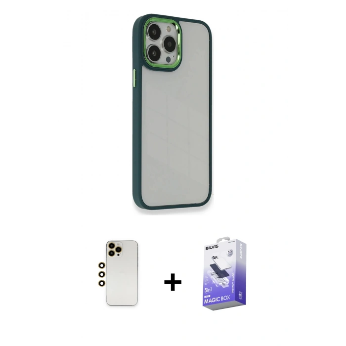 MARSİLYAN™- iPhone 13 Pro Max Kılıf Eksen Doku Prime - Siyah Bilvis 5in1 5D Magic Hayalet Cam Ekran Koruyucu + Shine Kamera Lens - GD