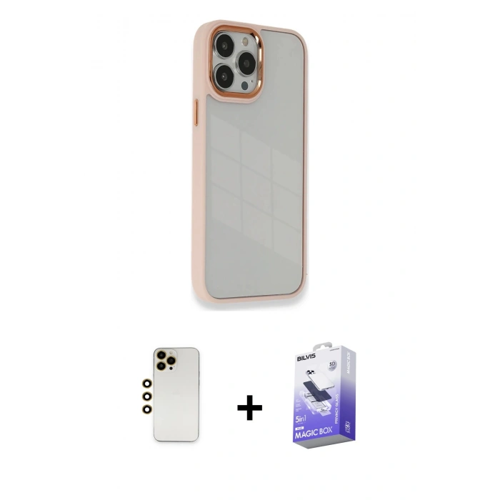 MARSİLYAN™- iPhone 13 Pro Max Kılıf Eksen Doku Prime - Siyah Bilvis 5in1 5D Magic Hayalet Cam Ekran Koruyucu + Shine Kamera Lens - GD