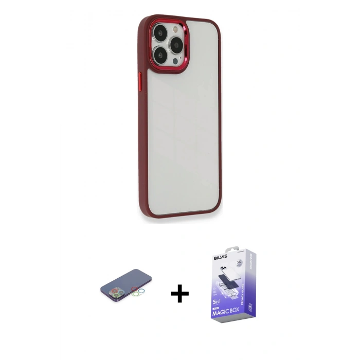MARSİLYAN™- iPhone 13 Pro Max Kılıf Eksen Doku Prime - Siyah Bilvis 5in1 5D Magic Hayalet Cam Ekran Koruyucu + Renkli Kamera Lens Koruma Cam - MI