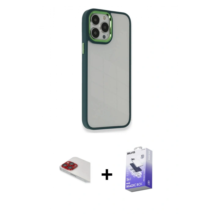MARSİLYAN™- iPhone 13 Pro Max Kılıf Eksen Doku Prime - Siyah Bilvis 5in1 5D Magic Hayalet Cam Ekran Koruyucu + Pers Alüminyum Kamera Lens - KI