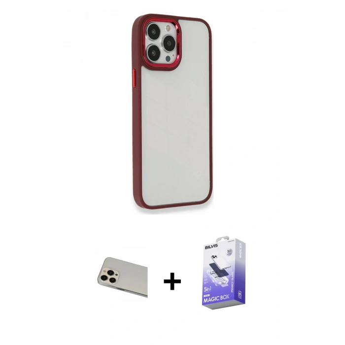MARSİLYAN™- iPhone 13 Pro Max Kılıf Eksen Doku Prime - Siyah Bilvis 5in1 5D Magic Hayalet Cam Ekran Koruyucu + Rainbow Kamera Lens Koruma Cam - REGD