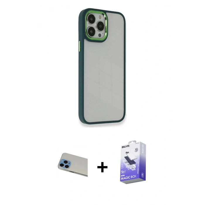 MARSİLYAN™- iPhone 13 Pro Max Kılıf Eksen Doku Prime - Siyah Bilvis 5in1 5D Magic Hayalet Cam Ekran Koruyucu + Rainbow Kamera Lens Koruma Cam - MI