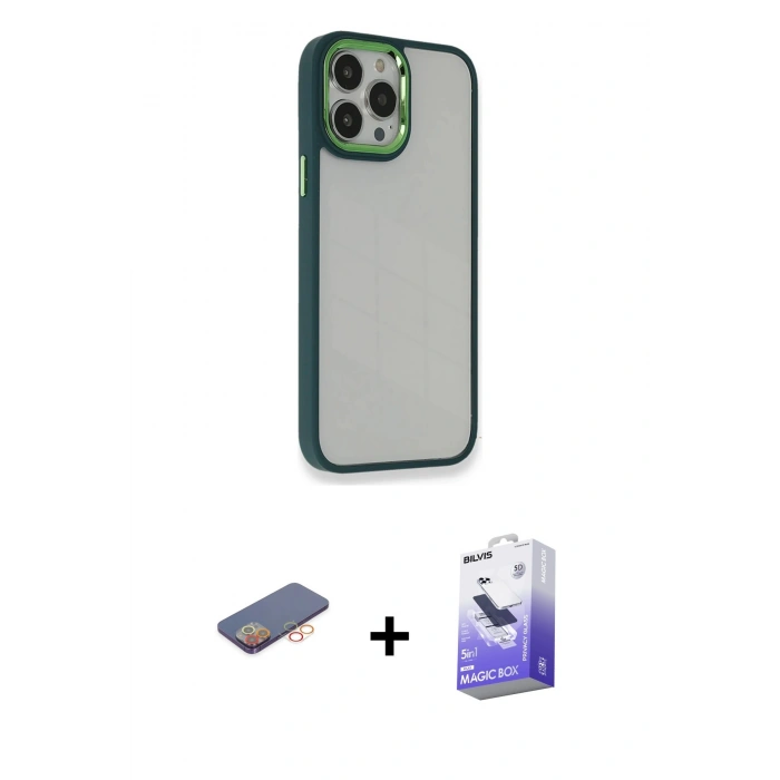MARSİLYAN™- iPhone 13 Pro Max Kılıf Eksen Doku Prime - Siyah Bilvis 5in1 5D Magic Hayalet Cam Ekran Koruyucu + Renkli Kamera Lens Koruma Cam - TU