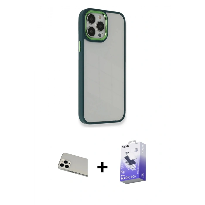 MARSİLYAN™- iPhone 13 Pro Max Kılıf Eksen Doku Prime - Siyah Bilvis 5in1 5D Magic Hayalet Cam Ekran Koruyucu + Rainbow Kamera Lens Koruma Cam - BZ