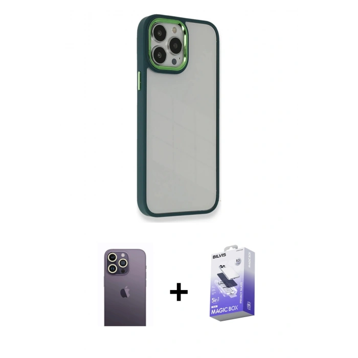 MARSİLYAN™- iPhone 13 Pro Max Kılıf Eksen Doku Prime - Siyah Bilvis 5in1 5D Magic Hayalet Cam Ekran Koruyucu + Neon Fosforlu Kamera Lens - BZ