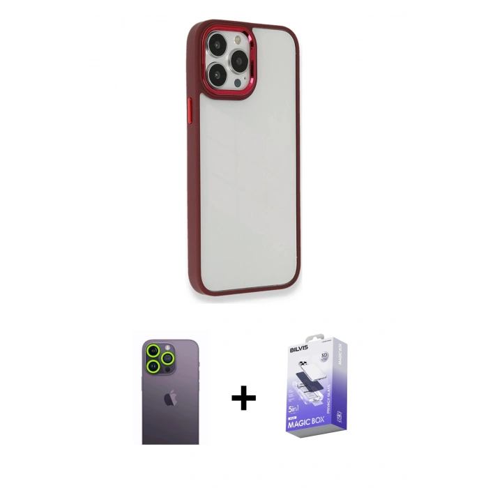 MARSİLYAN™- iPhone 13 Pro Max Kılıf Eksen Doku Prime - Siyah Bilvis 5in1 5D Magic Hayalet Cam Ekran Koruyucu + Neon Fosforlu Kamera Lens - YL