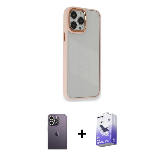 MARSİLYAN™- iPhone 13 Pro Max Kılıf Eksen Doku Prime - Siyah Bilvis 5in1 5D Magic Hayalet Cam Ekran Koruyucu + Neon Fosforlu Kamera Lens - BZ