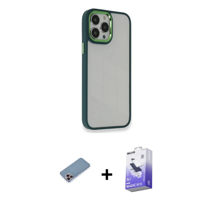 MARSİLYAN™- iPhone 13 Pro Max Kılıf Eksen Doku Prime - Siyah Bilvis 5in1 5D Magic Hayalet Cam Ekran Koruyucu + Pembe Shine Kamera Lens Koruma Cam