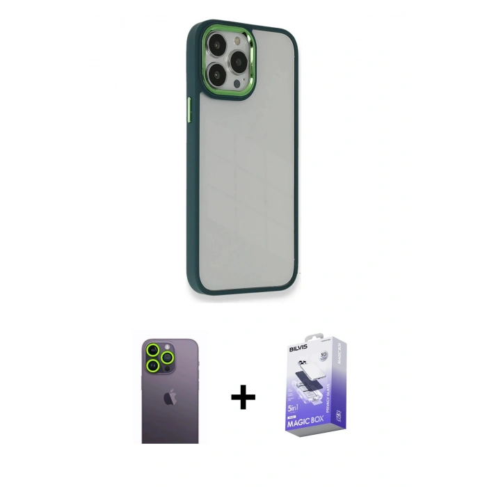 MARSİLYAN™- iPhone 13 Pro Max Kılıf Eksen Doku Prime - Siyah Bilvis 5in1 5D Magic Hayalet Cam Ekran Koruyucu + Neon Fosforlu Kamera Lens - YL