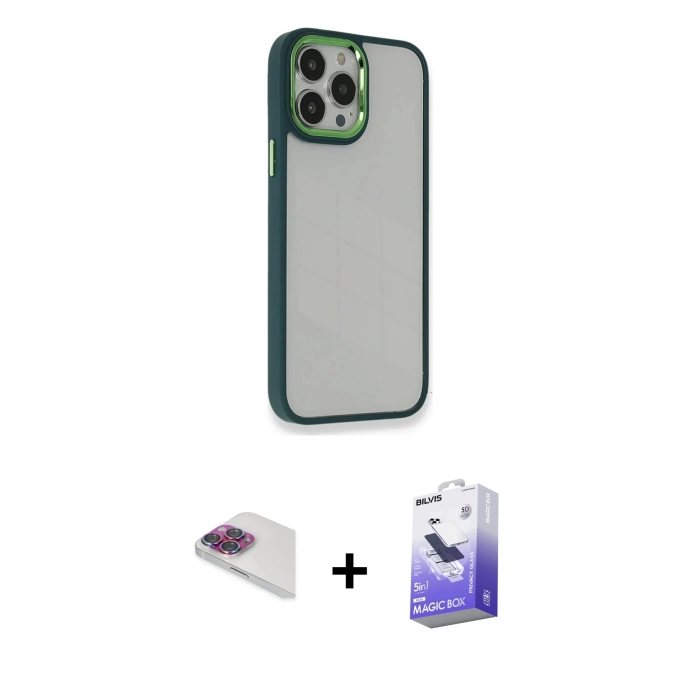 MARSİLYAN™- iPhone 13 Pro Max Kılıf Eksen Doku Prime - Siyah Bilvis 5in1 5D Magic Hayalet Cam Ekran Koruyucu + Pers Alüminyum Kamera Lens - GI