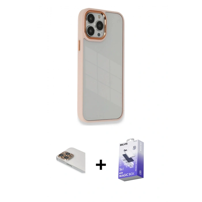 MARSİLYAN™- iPhone 13 Pro Max Kılıf Eksen Doku Prime - Siyah Bilvis 5in1 5D Magic Hayalet Cam Ekran Koruyucu + Pers Alüminyum Kamera Lens - GD