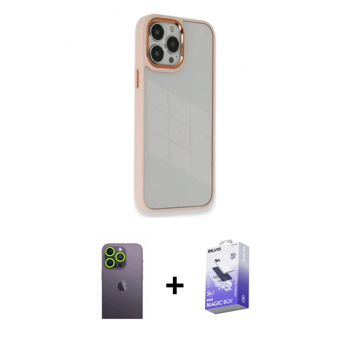MARSİLYAN™- iPhone 13 Pro Max Kılıf Eksen Doku Prime - Siyah Bilvis 5in1 5D Magic Hayalet Cam Ekran Koruyucu + Neon Fosforlu Kamera Lens - YL