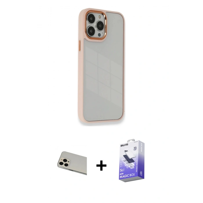 MARSİLYAN™- iPhone 13 Pro Max Kılıf Eksen Doku Prime - Siyah Bilvis 5in1 5D Magic Hayalet Cam Ekran Koruyucu + Rainbow Kamera Lens Koruma Cam - REGD