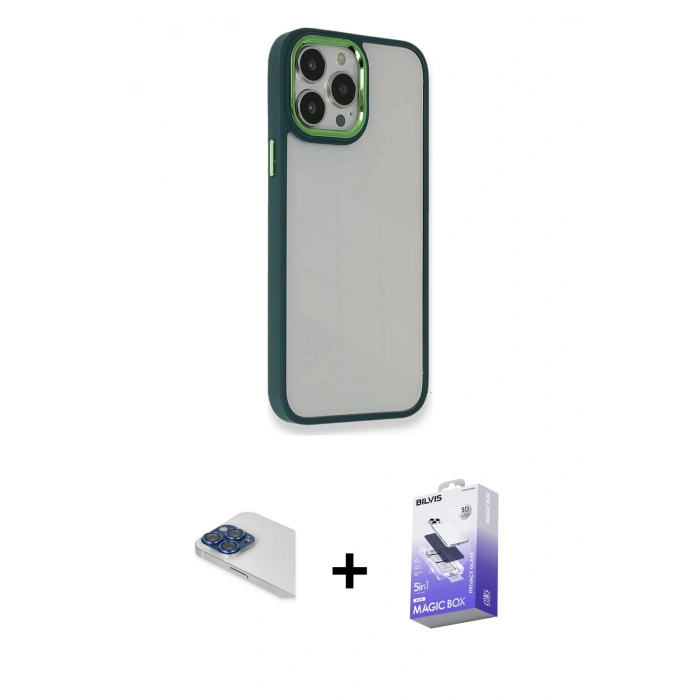 MARSİLYAN™- iPhone 13 Pro Max Kılıf Eksen Doku Prime - Siyah Bilvis 5in1 5D Magic Hayalet Cam Ekran Koruyucu + Pers Alüminyum Kamera Lens - LT
