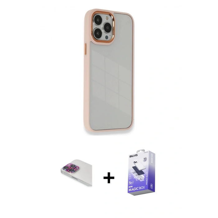 MARSİLYAN™- iPhone 13 Pro Max Kılıf Eksen Doku Prime - Siyah Bilvis 5in1 5D Magic Hayalet Cam Ekran Koruyucu + Pers Alüminyum Kamera Lens - GI