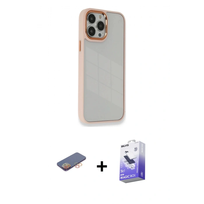 MARSİLYAN™- iPhone 13 Pro Max Kılıf Eksen Doku Prime - Siyah Bilvis 5in1 5D Magic Hayalet Cam Ekran Koruyucu + Renkli Kamera Lens Koruma Cam - TU