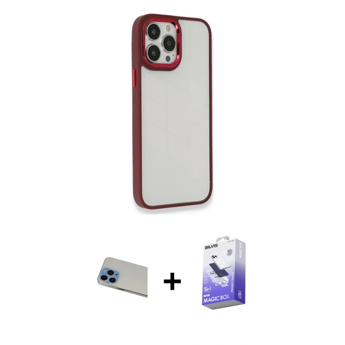 MARSİLYAN™- iPhone 13 Pro Max Kılıf Eksen Doku Prime - Siyah Bilvis 5in1 5D Magic Hayalet Cam Ekran Koruyucu + Rainbow Kamera Lens Koruma Cam - MI