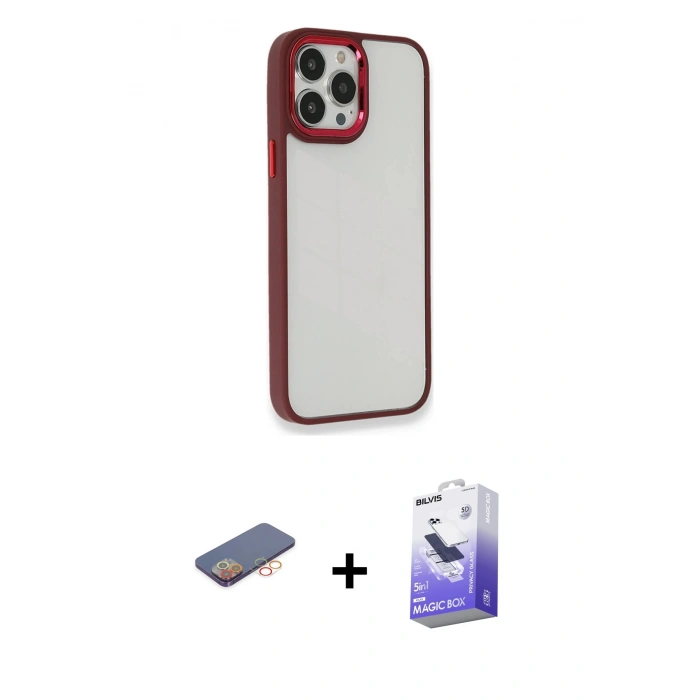 MARSİLYAN™- iPhone 13 Pro Max Kılıf Eksen Doku Prime - Siyah Bilvis 5in1 5D Magic Hayalet Cam Ekran Koruyucu + Renkli Kamera Lens Koruma Cam - TU