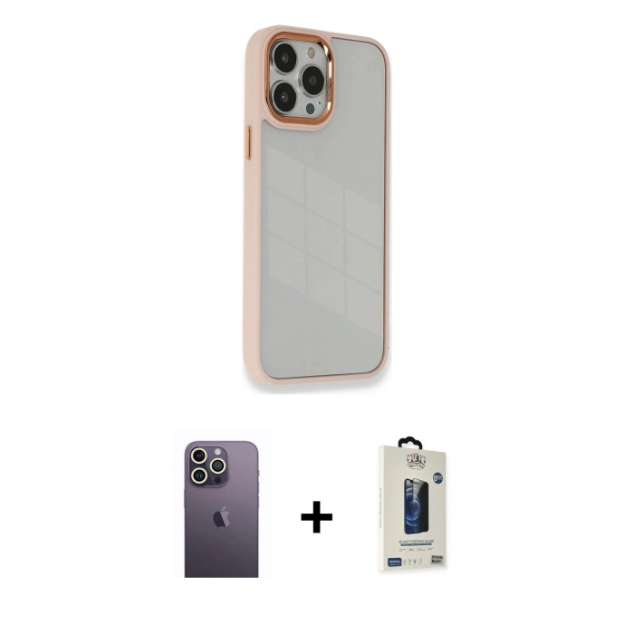 MARSİLYAN™- iPhone 13 Pro Max Kılıf Eksen Doku Prime - Siyah Bilvis Hayalet Cam Ekran Koruyucu + Neon Fosforlu Kamera Lens - BZ