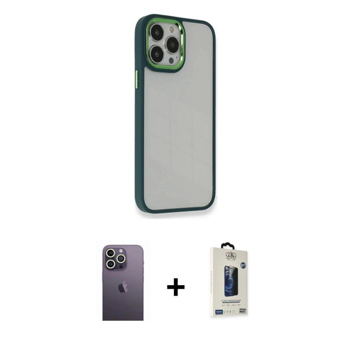 MARSİLYAN™- iPhone 13 Pro Max Kılıf Eksen Doku Prime - Siyah Bilvis Hayalet Cam Ekran Koruyucu + Neon Fosforlu Kamera Lens - BZ