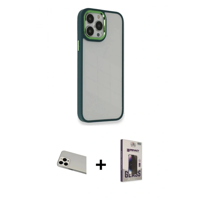MARSİLYAN™- iPhone 13 Pro Max Kılıf Eksen Doku Prime - Siyah Bilvis Hayalet Cam Ekran Koruyucu + Rainbow Kamera Lens Koruma Cam - BZ