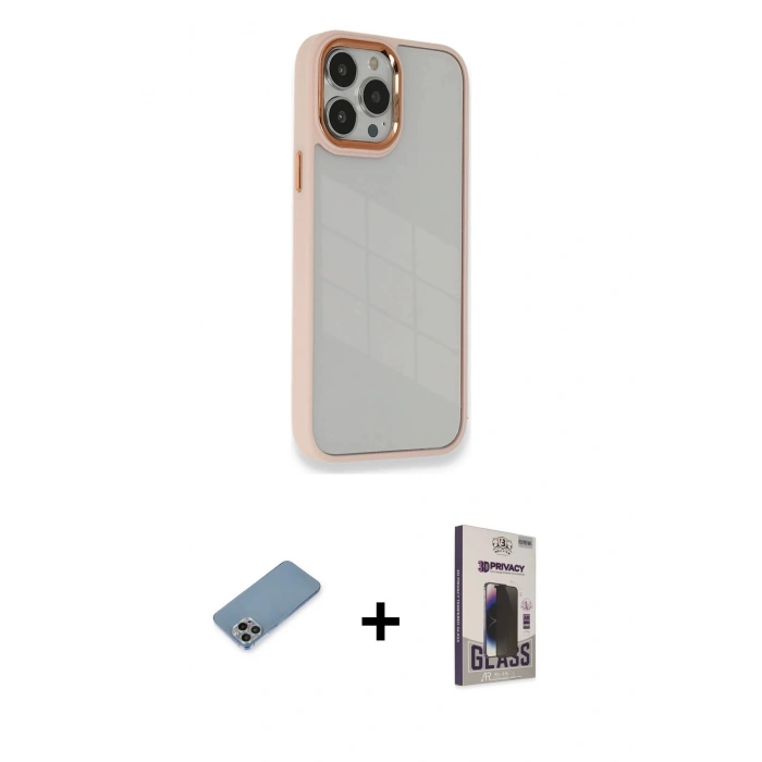 MARSİLYAN™- iPhone 13 Pro Max Kılıf Eksen Doku Prime - Siyah Bilvis Hayalet Cam Ekran Koruyucu + Shine Kamera Lens Koruma Cam - GI