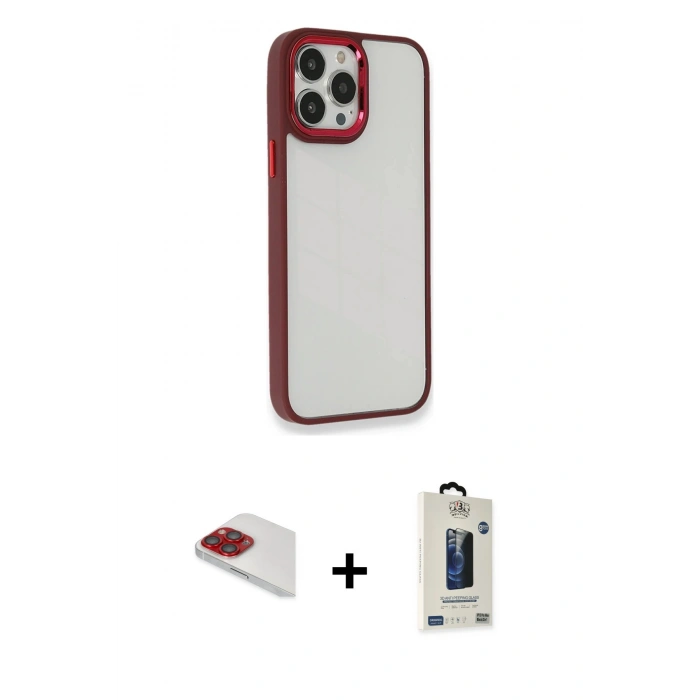 MARSİLYAN™- iPhone 13 Pro Max Kılıf Eksen Doku Prime - Siyah Bilvis Hayalet Cam Ekran Koruyucu + Kırmızı Pers Alüminyum Kamera Lens