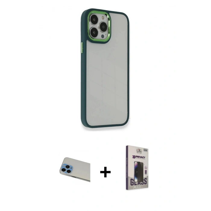 MARSİLYAN™- iPhone 13 Pro Max Kılıf Eksen Doku Prime - Siyah Bilvis Hayalet Cam Ekran Koruyucu + Rainbow Kamera Lens Koruma Cam - MI