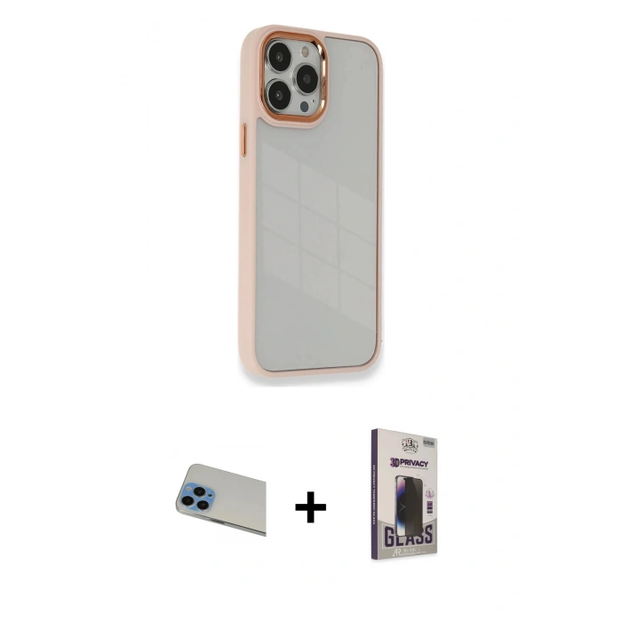 MARSİLYAN™- iPhone 13 Pro Max Kılıf Eksen Doku Prime - Siyah Bilvis Hayalet Cam Ekran Koruyucu + Rainbow Kamera Lens Koruma Cam - MI