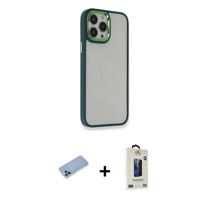 MARSİLYAN™- iPhone 13 Pro Max Kılıf Eksen Doku Prime - Siyah Bilvis Hayalet Cam Ekran Koruyucu + Shine Kamera Lens Koruma Cam - MI
