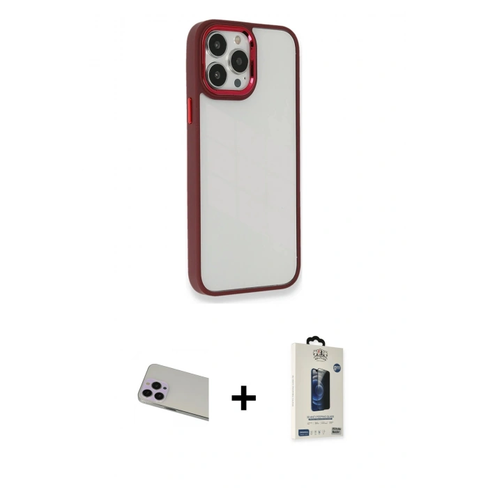 MARSİLYAN™- iPhone 13 Pro Max Kılıf Eksen Doku Prime - Siyah Bilvis Hayalet Cam Ekran Koruyucu + Rainbow Kamera Lens Koruma Cam - MR