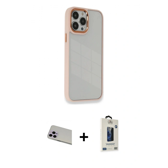 MARSİLYAN™- iPhone 13 Pro Max Kılıf Eksen Doku Prime - Siyah Bilvis Hayalet Cam Ekran Koruyucu + Rainbow Kamera Lens Koruma Cam - MR