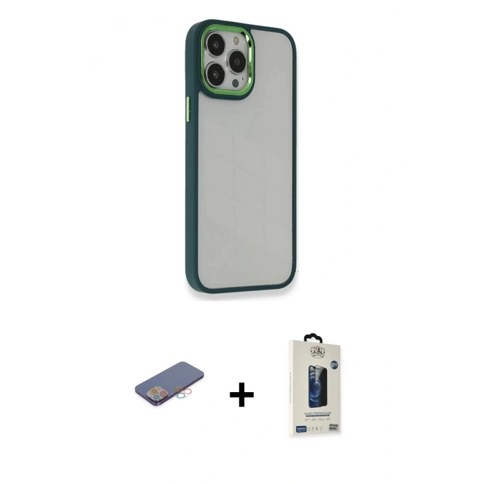 MARSİLYAN™- iPhone 13 Pro Max Kılıf Eksen Doku Prime - Siyah Bilvis Hayalet Cam Ekran Koruyucu + Renkli Kamera Lens Koruma Cam - PE