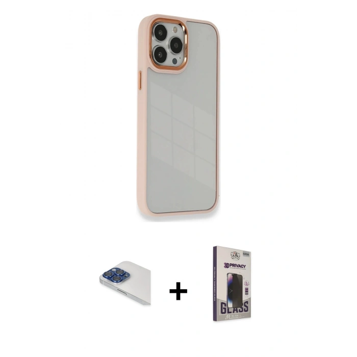 MARSİLYAN™- iPhone 13 Pro Max Kılıf Eksen Doku Prime - Siyah Bilvis Hayalet Cam Ekran Koruyucu + Pers Alüminyum Kamera Lens - LT