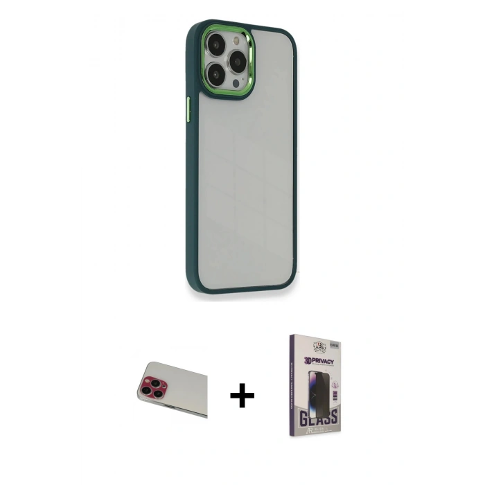 MARSİLYAN™- iPhone 13 Pro Max Kılıf Eksen Doku Prime - Siyah Bilvis Hayalet Cam Ekran Koruyucu + Rainbow Kamera Lens Koruma Cam - KI