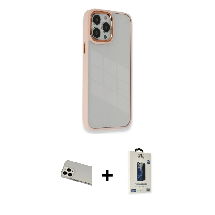 MARSİLYAN™- iPhone 13 Pro Max Kılıf Eksen Doku Prime - Siyah Bilvis Hayalet Cam Ekran Koruyucu + Rainbow Kamera Lens Koruma Cam - BZ