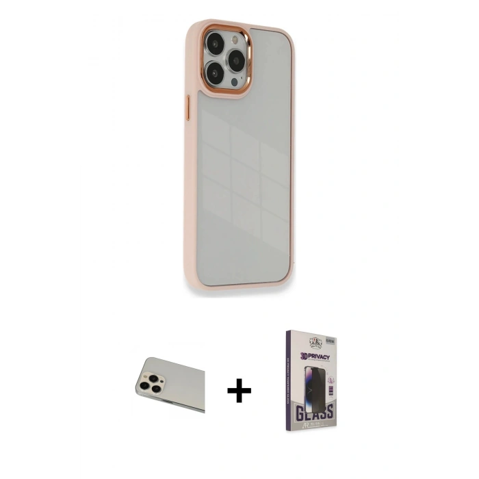 MARSİLYAN™- iPhone 13 Pro Max Kılıf Eksen Doku Prime - Siyah Bilvis Hayalet Cam Ekran Koruyucu + Rainbow Kamera Lens Koruma Cam - REGD