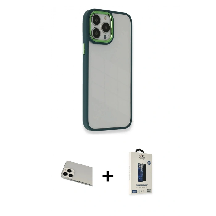 MARSİLYAN™- iPhone 13 Pro Max Kılıf Eksen Doku Prime - Siyah Bilvis Hayalet Cam Ekran Koruyucu + Rainbow Kamera Lens Koruma Cam - BZ
