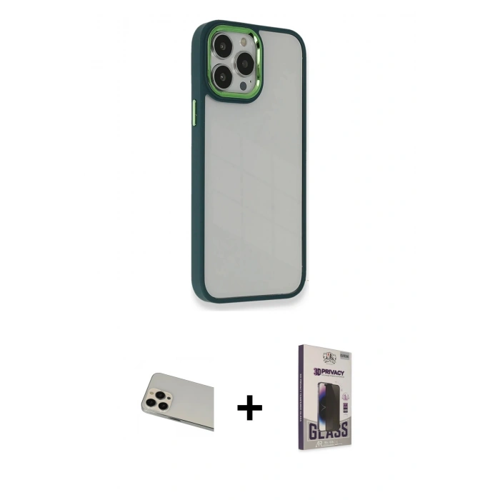 MARSİLYAN™- iPhone 13 Pro Max Kılıf Eksen Doku Prime - Siyah Bilvis Hayalet Cam Ekran Koruyucu + Rainbow Kamera Lens Koruma Cam - REGD
