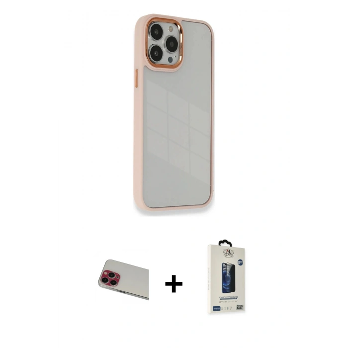 MARSİLYAN™- iPhone 13 Pro Max Kılıf Eksen Doku Prime - Siyah Bilvis Hayalet Cam Ekran Koruyucu + Rainbow Kamera Lens Koruma Cam - KI
