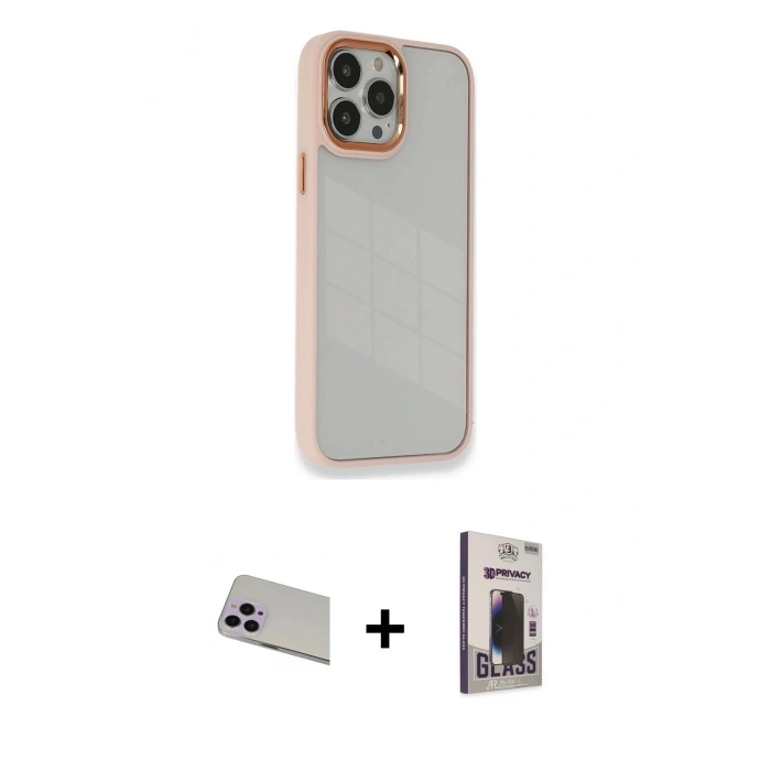 MARSİLYAN™- iPhone 13 Pro Max Kılıf Eksen Doku Prime - Siyah Bilvis Hayalet Cam Ekran Koruyucu + Rainbow Kamera Lens Koruma Cam - MR