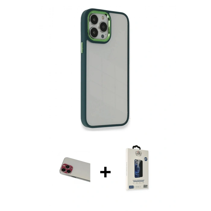 MARSİLYAN™- iPhone 13 Pro Max Kılıf Eksen Doku Prime - Siyah Bilvis Hayalet Cam Ekran Koruyucu + Rainbow Kamera Lens Koruma Cam - KI