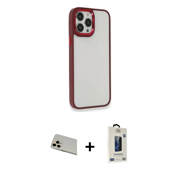 MARSİLYAN™- iPhone 13 Pro Max Kılıf Eksen Doku Prime - Siyah Bilvis Hayalet Cam Ekran Koruyucu + Rainbow Kamera Lens Koruma Cam - REGD
