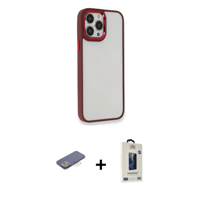 MARSİLYAN™- iPhone 13 Pro Max Kılıf Eksen Doku Prime - Siyah Bilvis Hayalet Cam Ekran Koruyucu + Renkli Kamera Lens Koruma Cam - MI