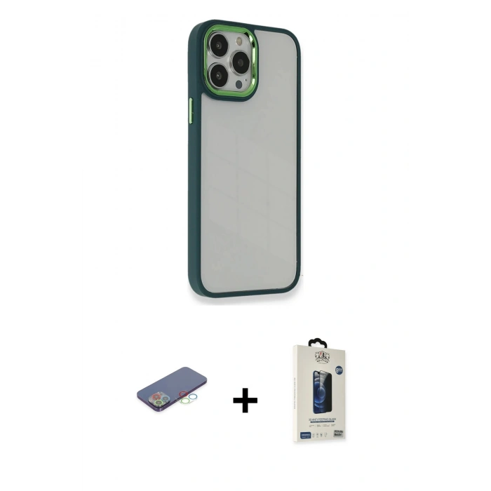 MARSİLYAN™- iPhone 13 Pro Max Kılıf Eksen Doku Prime - Siyah Bilvis Hayalet Cam Ekran Koruyucu + Renkli Kamera Lens Koruma Cam - MI