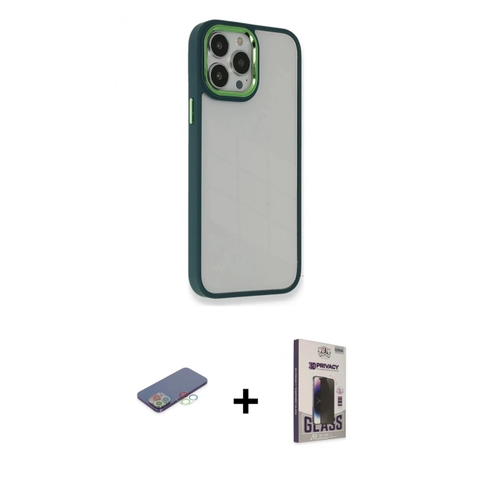 MARSİLYAN™- iPhone 13 Pro Max Kılıf Eksen Doku Prime - Siyah Bilvis Hayalet Cam Ekran Koruyucu + Renkli Kamera Lens Koruma Cam - MI