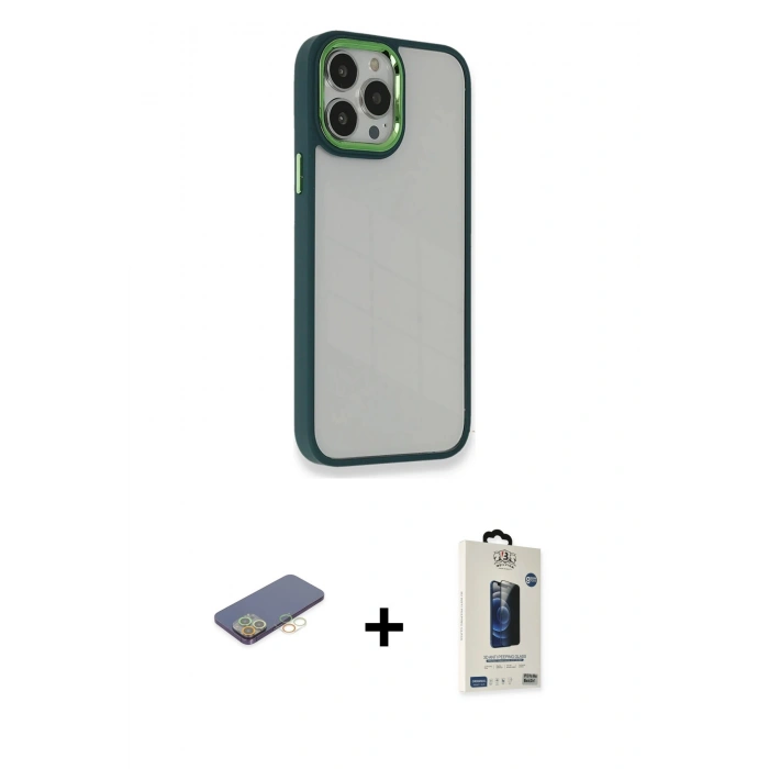MARSİLYAN™- iPhone 13 Pro Max Kılıf Eksen Doku Prime - Siyah Bilvis Hayalet Cam Ekran Koruyucu + Renkli Kamera Lens Koruma Cam - SI